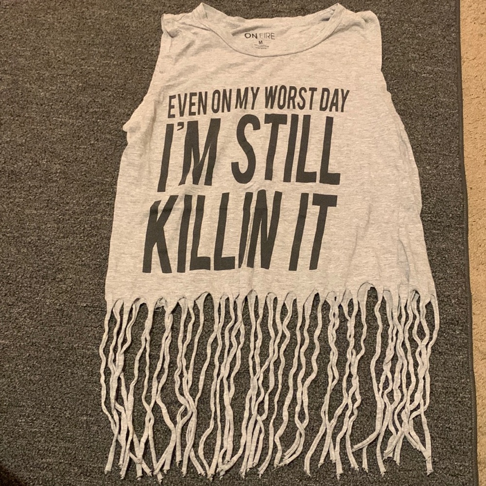 Cropped tank with long fringe at bottle